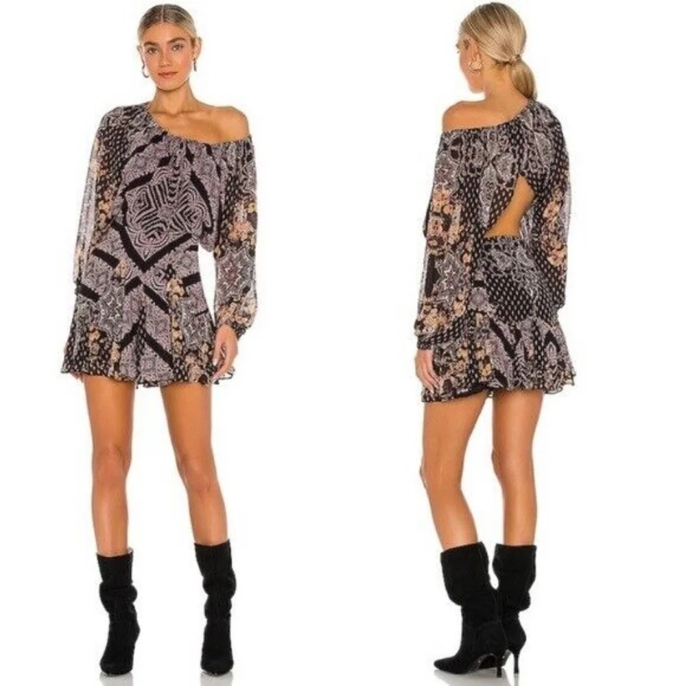 FREE PEOPLE Cottage Coquette Mini Dress in Black Combo Cutout Back Flowy Boho M - Picture 1 of 11